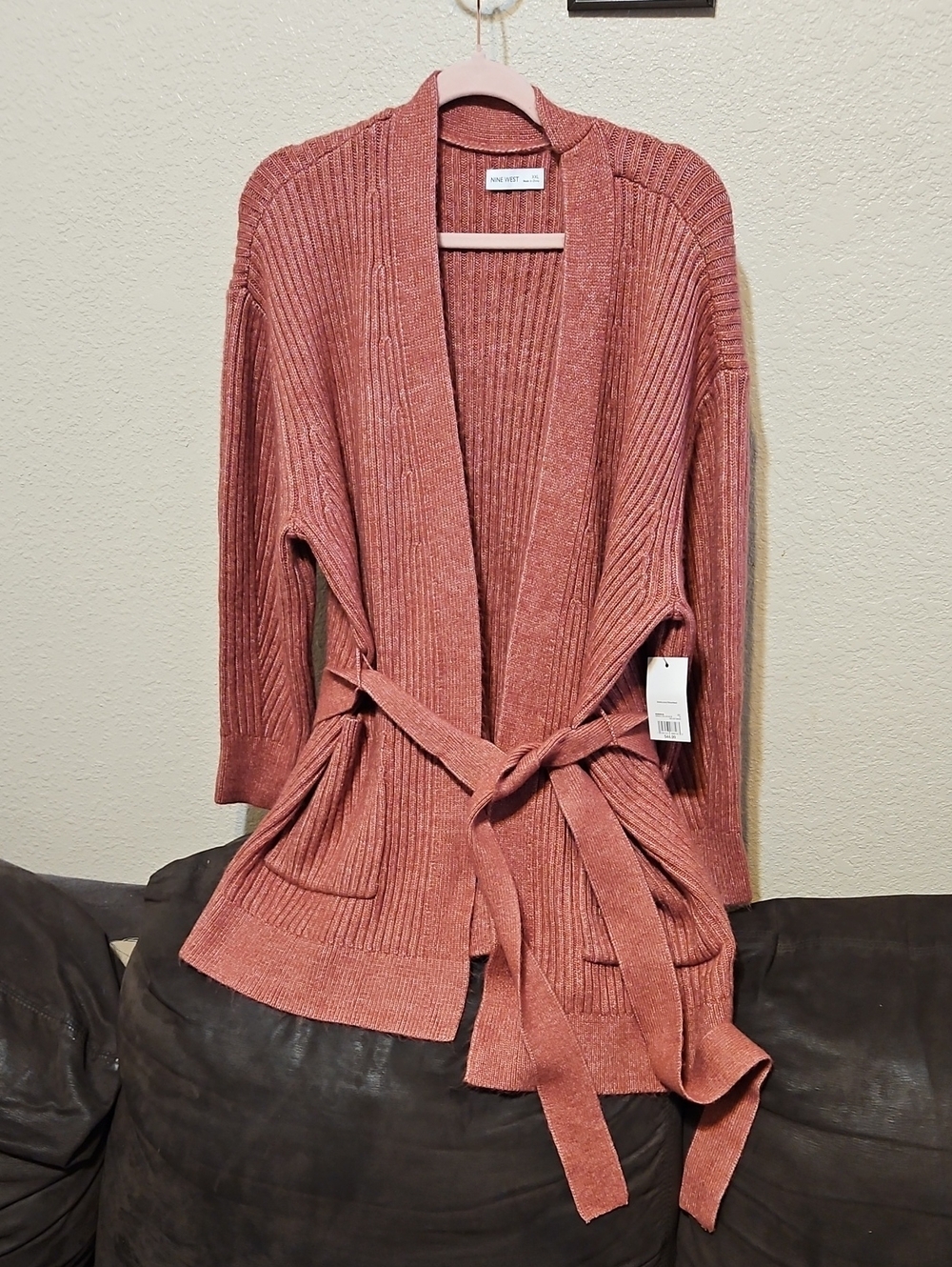 Nine West Rose Ribbed Open-Front Belted Cardigan